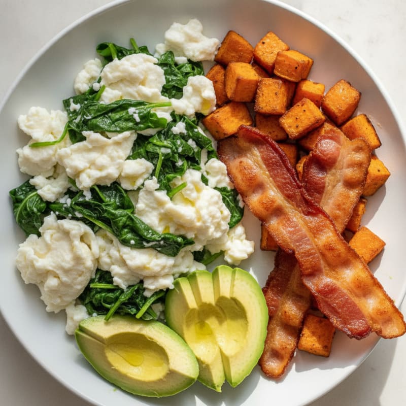 Crispy Turkey Bacon and Egg White Scramble with Sautéed Spinach