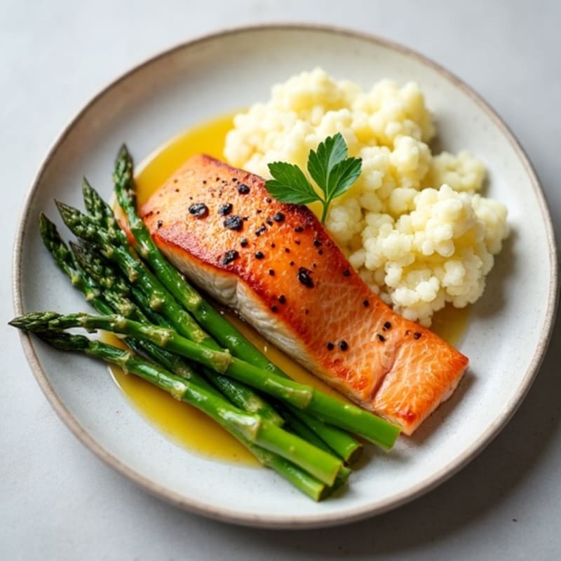 Seared Salmon with Steamed Asparagus and Mashed Cauliflower