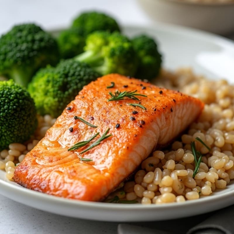 Crispy Pan-Seared Salmon with Brown Rice and Fresh Steamed Greens
