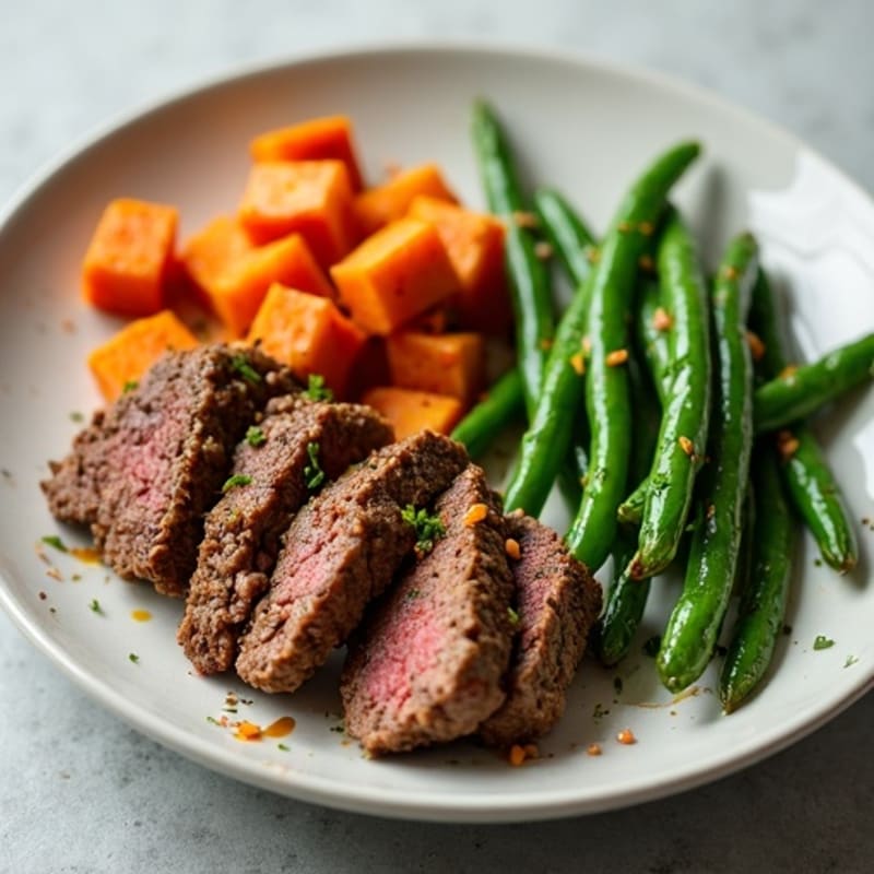 Lean Ground Beef with Roasted Sweet Potatoes and Crispy Green Beans
