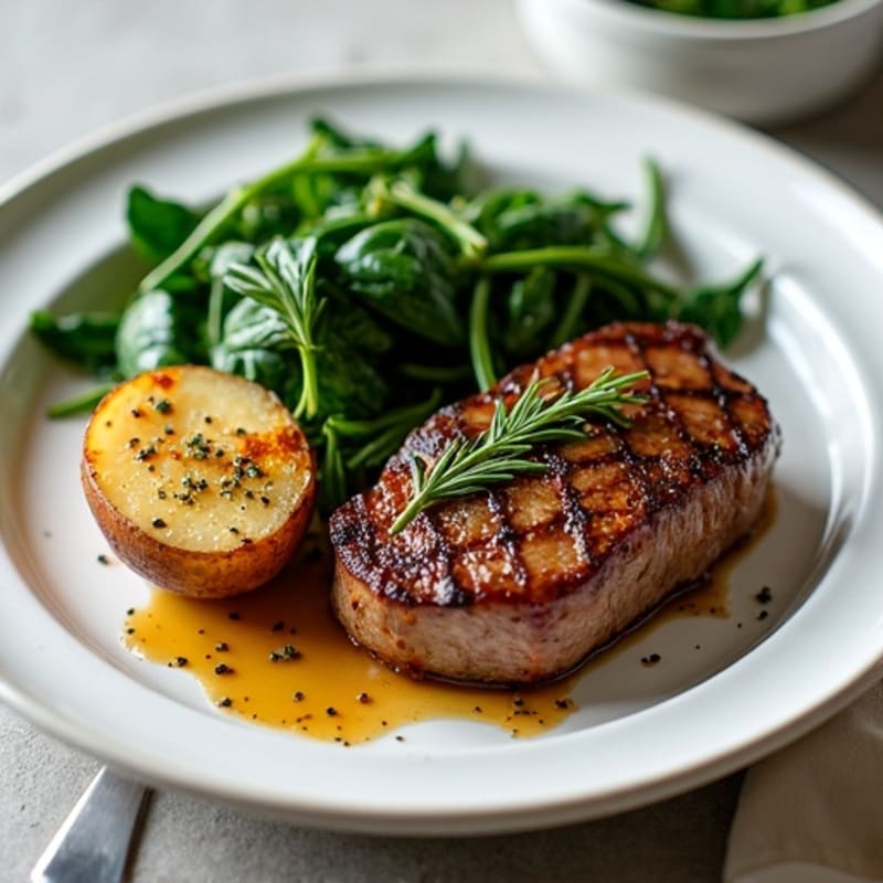 Seared Steak with Garlic Spinach and Herb-Roasted Potatoes
