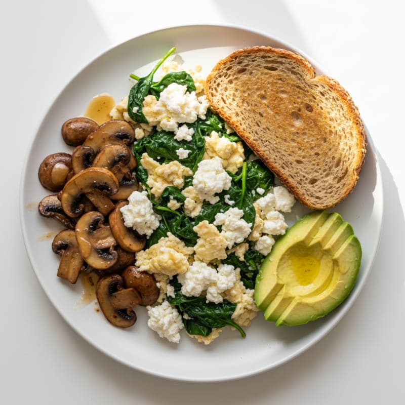 Egg White Spinach Scramble with Cottage Cheese and Sautéed Mushrooms