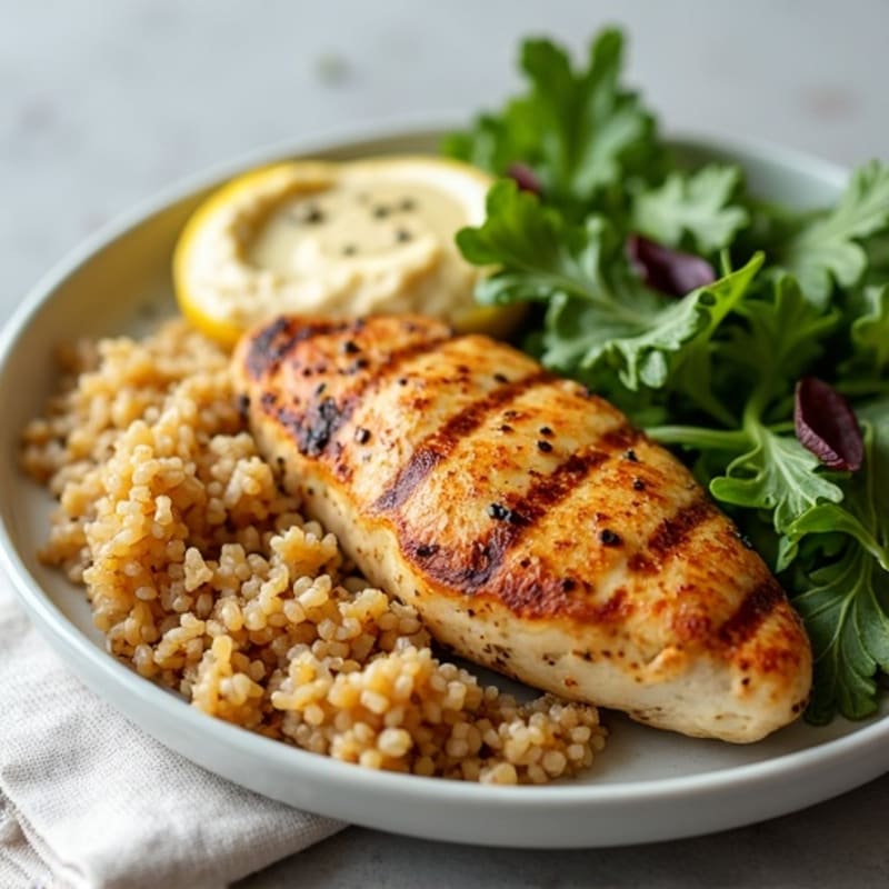 Lemon-Garlic Grilled Chicken with Brown Rice, Fresh Greens, and Creamy Hummus