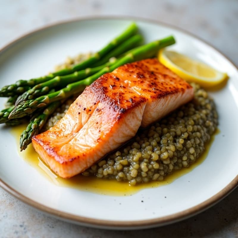 Seared Salmon Fillet with Steamed Asparagus and Lentil Mash