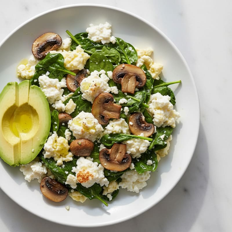 Egg White and Spinach Scramble with Cottage Cheese and Sautéed Mushrooms