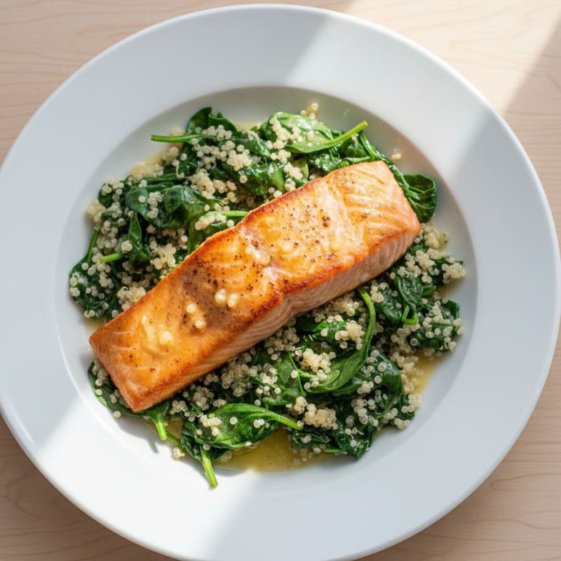 Seared Salmon Fillet with Garlic Quinoa and Sautéed Spinach