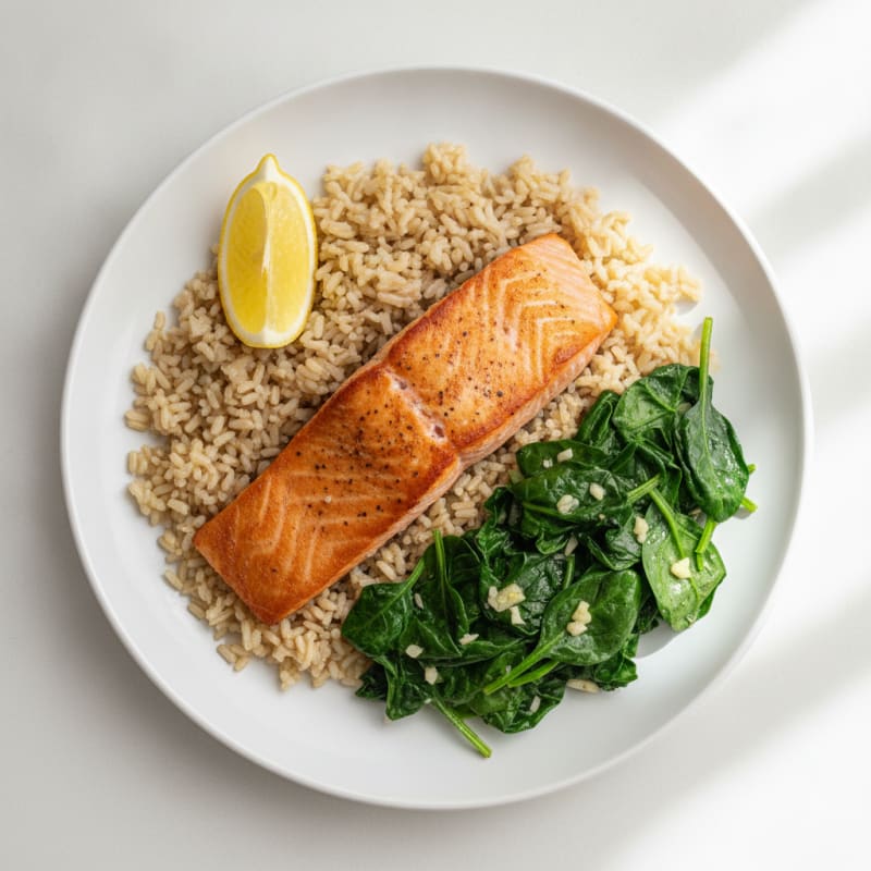 Seared Salmon Fillet with Garlic Spinach and Brown Rice
