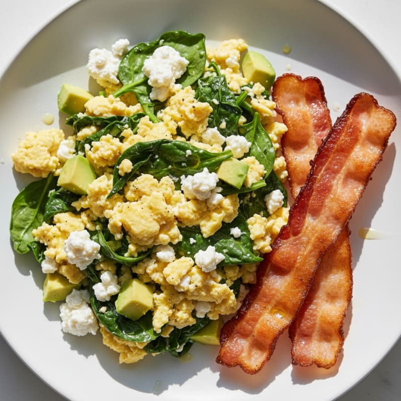 Cottage Cheese Egg Scramble with Spinach and Turkey Bacon