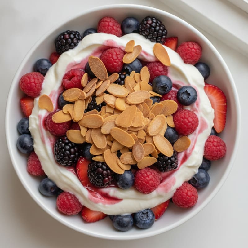 Greek Yogurt Protein Parfait with Mixed Berries and Almonds