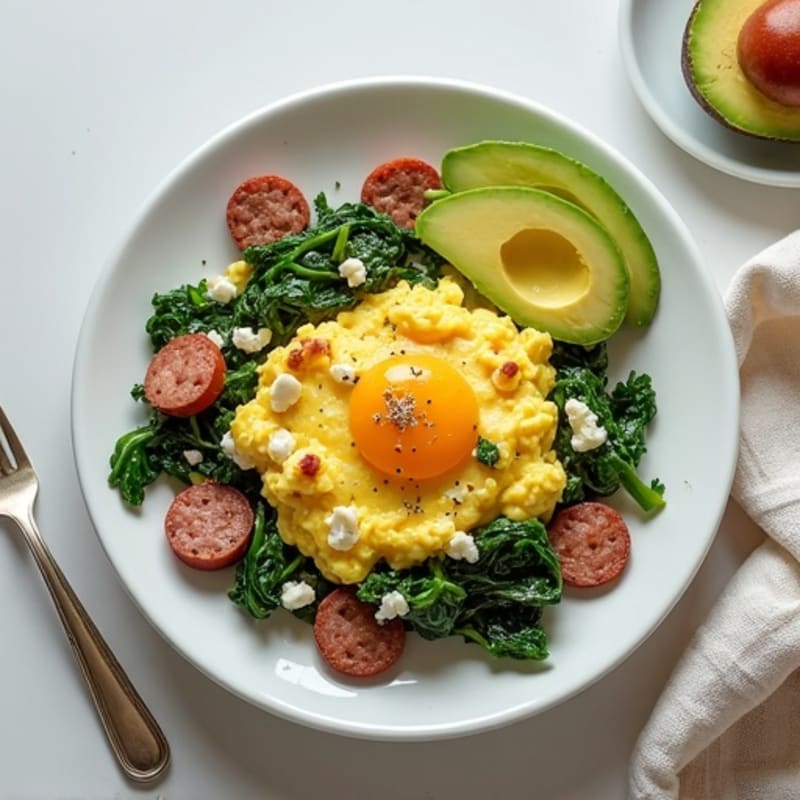 Egg White and Turkey Sausage Scramble with Sautéed Spinach