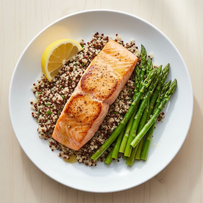 Seared Salmon Fillet with Steamed Asparagus and Quinoa