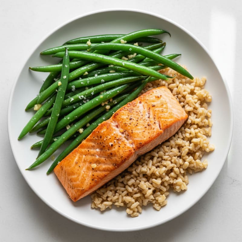 Seared Salmon with Garlic Green Beans and Brown Rice