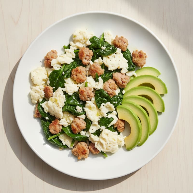 Egg White Scramble with Turkey Sausage and Sautéed Spinach