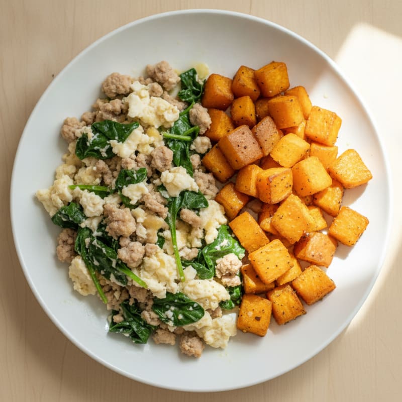 Egg White and Turkey Spinach Scramble with Roasted Sweet Potatoes