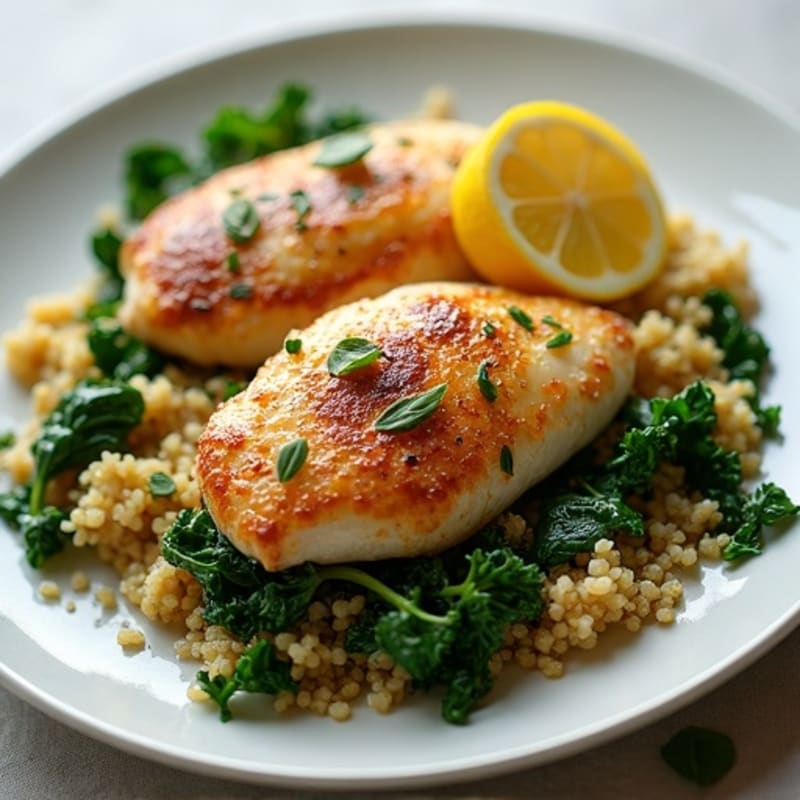 Lemon Garlic Pan-Seared Chicken with Sautéed Greens and Quinoa