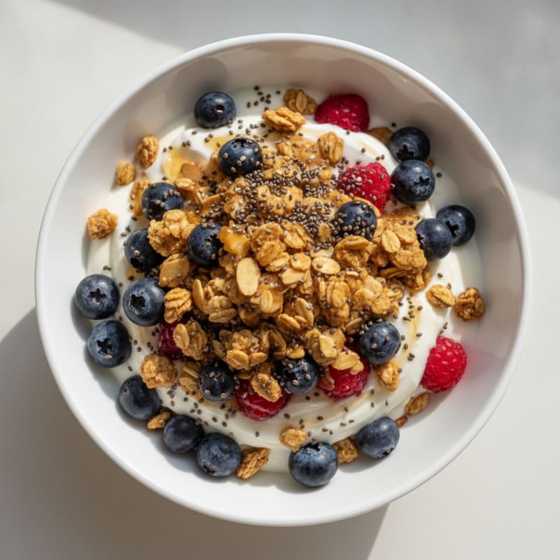 Greek Yogurt Parfait with Crunchy Almond Granola and Fresh Berries