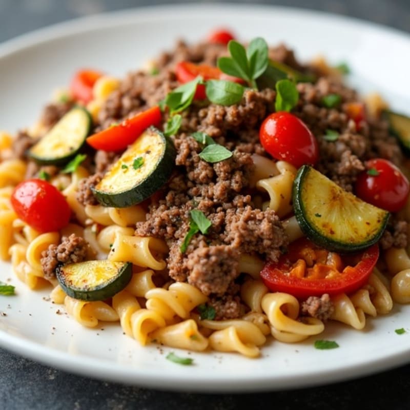 Hearty Ground Beef and Protein Pasta with Roasted Vegetables