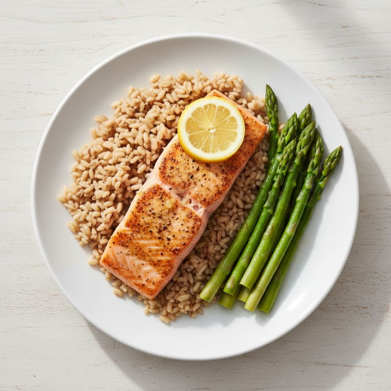 Seared Salmon with Steamed Asparagus and Brown Rice