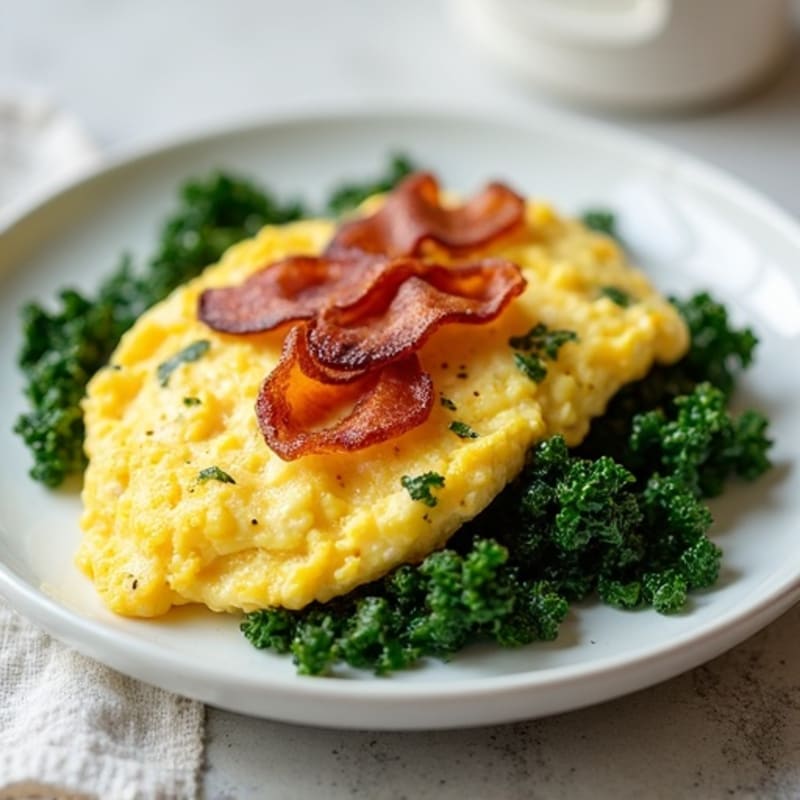Creamy Scrambled Eggs with Sautéed Greens and Crispy Turkey Bacon