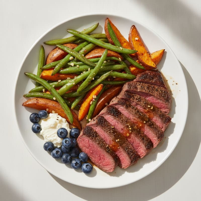 Seared Steak with Garlic Green Beans and Roasted Sweet Potato