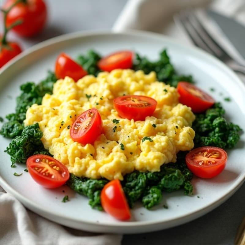 High-Protein Fluffy Egg Scramble with Sautéed Spinach and Cherry Tomatoes