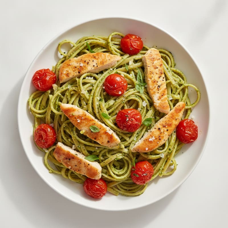 Pesto Chicken Linguine with Blistered Tomatoes