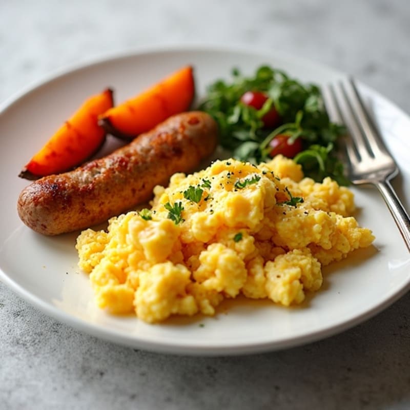 Egg White and Turkey Sausage Scramble with Roasted Sweet Potatoes