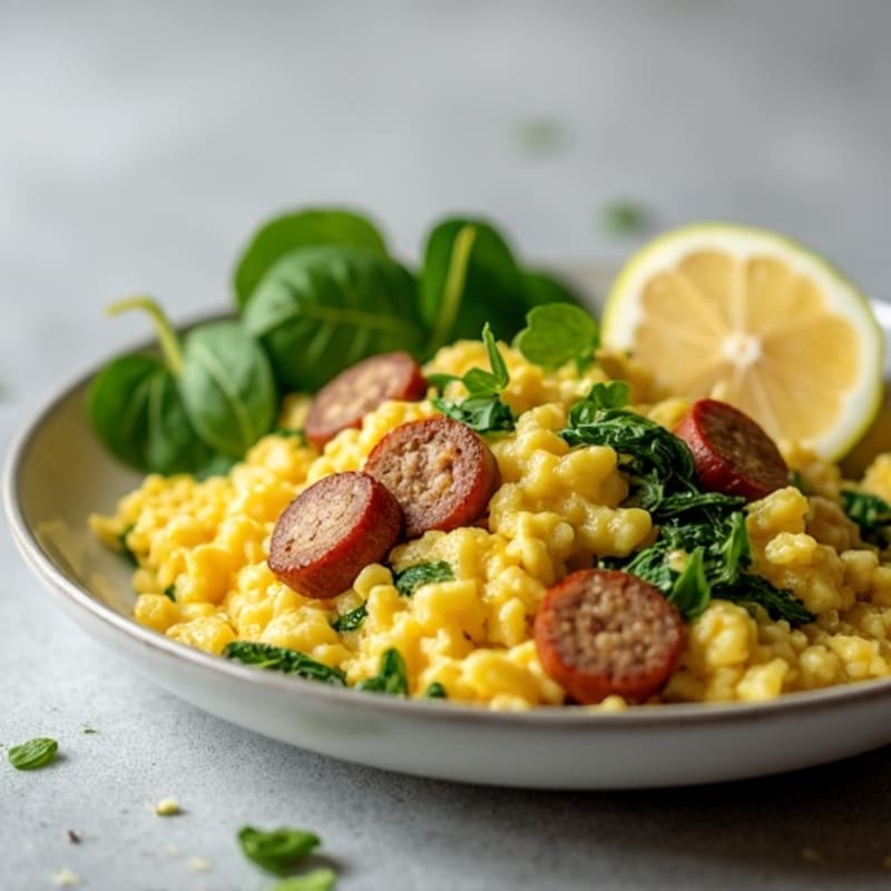 Egg White Scramble with Chicken Sausage and Spinach