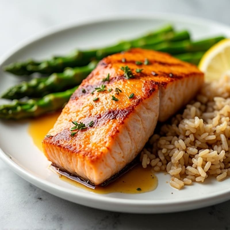 Seared Salmon with Steamed Asparagus and Brown Rice