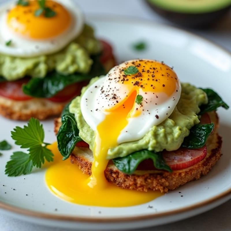 Poached Eggs with Crispy Turkey Bacon, Sautéed Spinach, and Creamy Avocado Crema