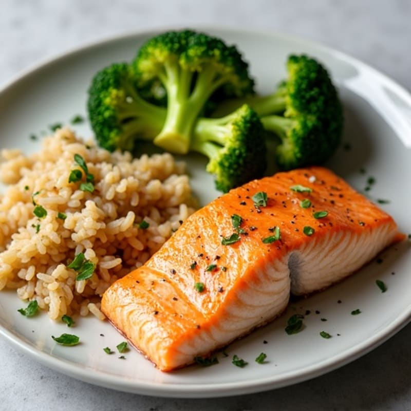 Flaky Baked Salmon with Lemon-Herb Roasted Broccoli and Brown Rice