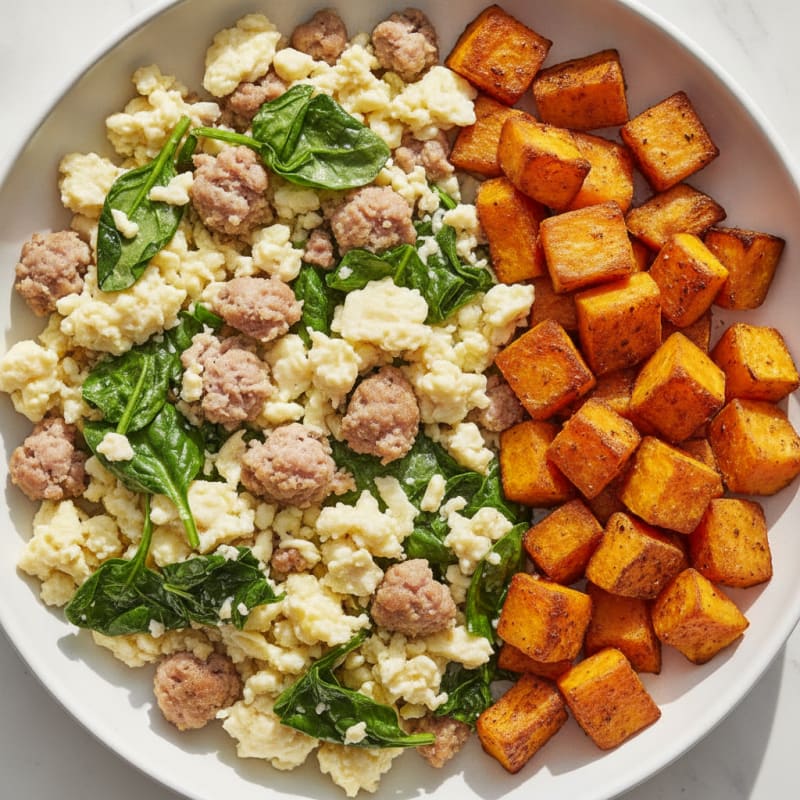 Egg White and Turkey Sausage Scramble with Spinach and Roasted Sweet Potatoes