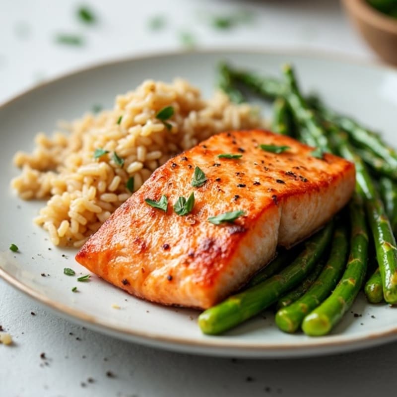 Seared Salmon Fillet with Steamed Asparagus and Brown Rice