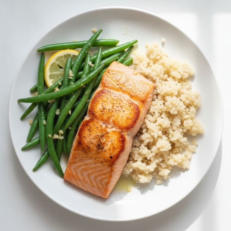 Seared Salmon with Lemon Garlic Green Beans and Quinoa