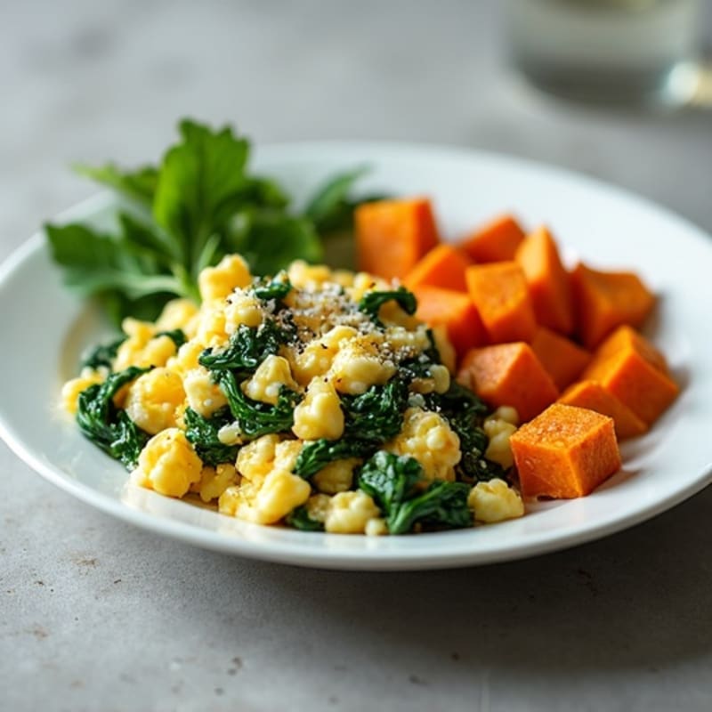 Cottage Cheese and Egg Scramble with Sautéed Spinach and Roasted Sweet Potato