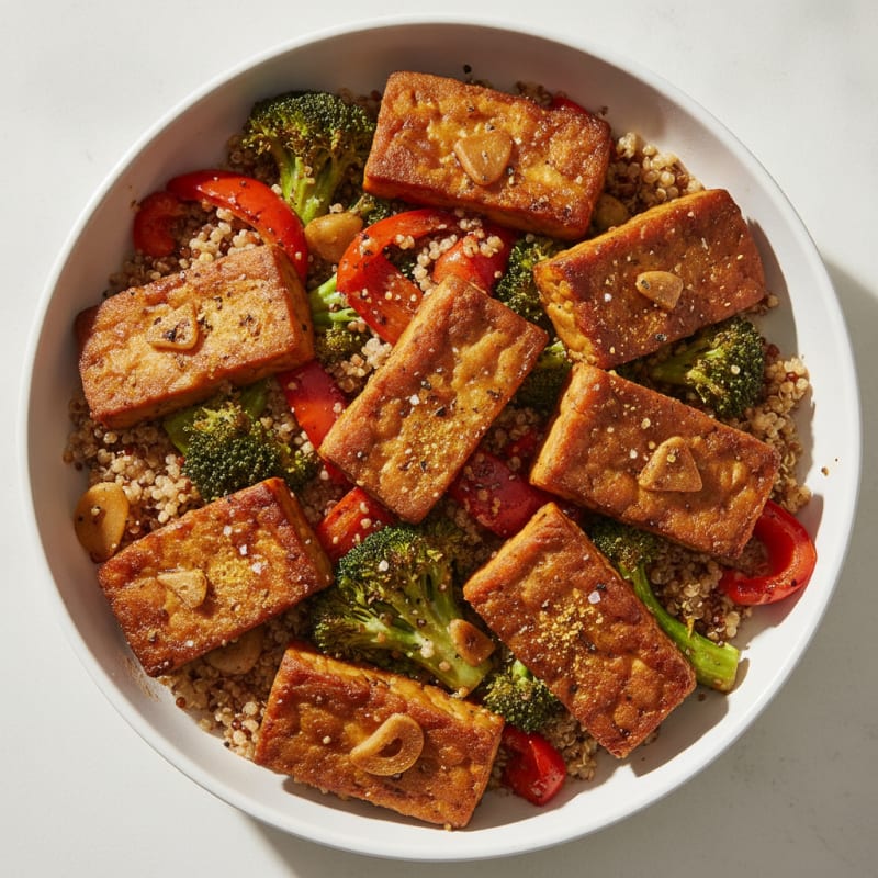 Baked Tempeh with Roasted Vegetables and Quinoa