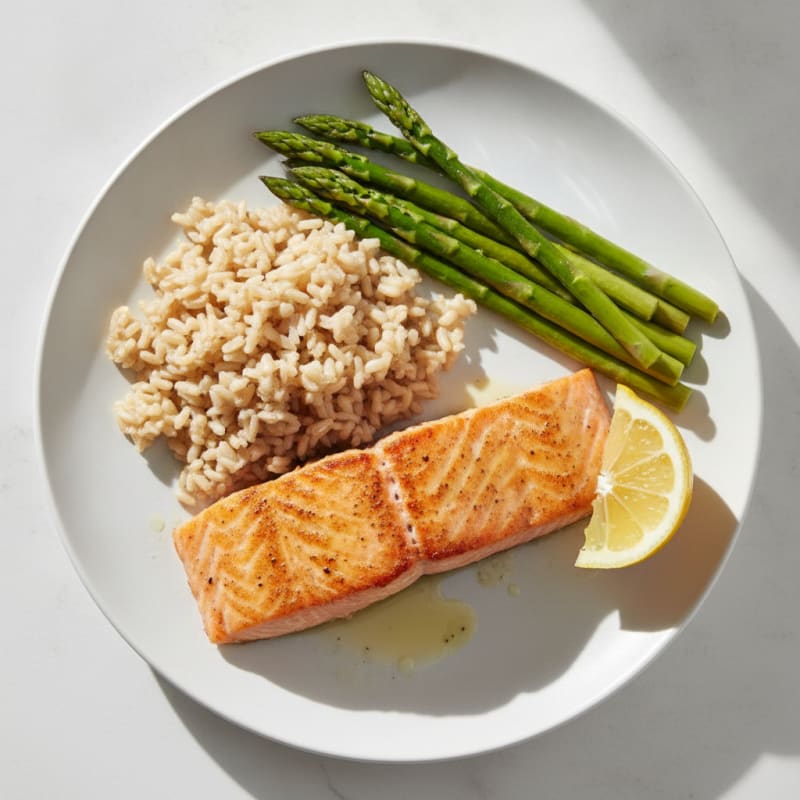 Seared Salmon with Steamed Asparagus and Brown Rice