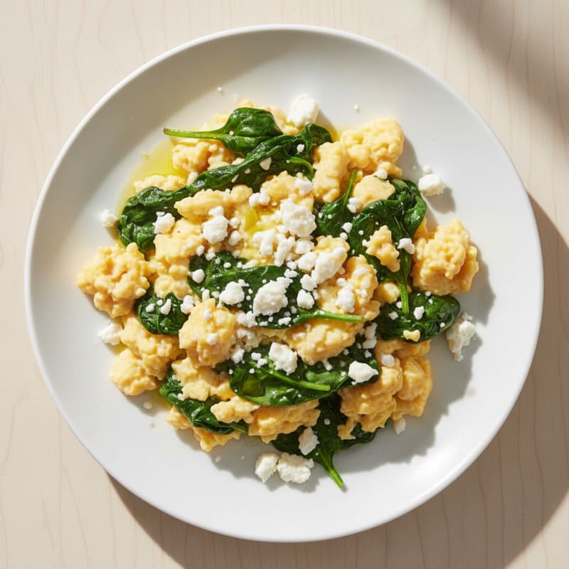 Scrambled Eggs with Sautéed Spinach and Feta