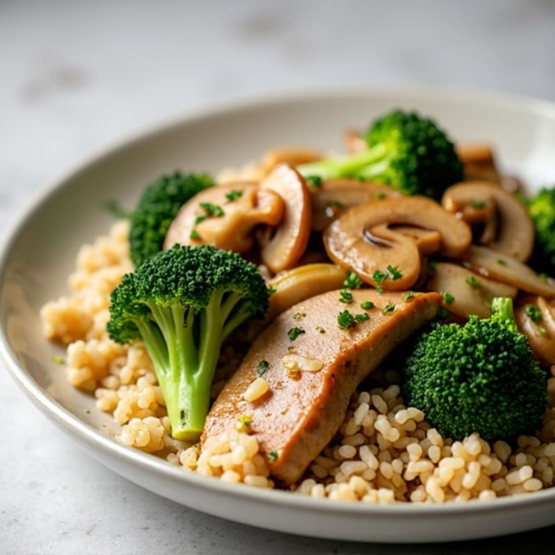 Lean Turkey and Mushroom Stir Fry with Steamed Broccoli