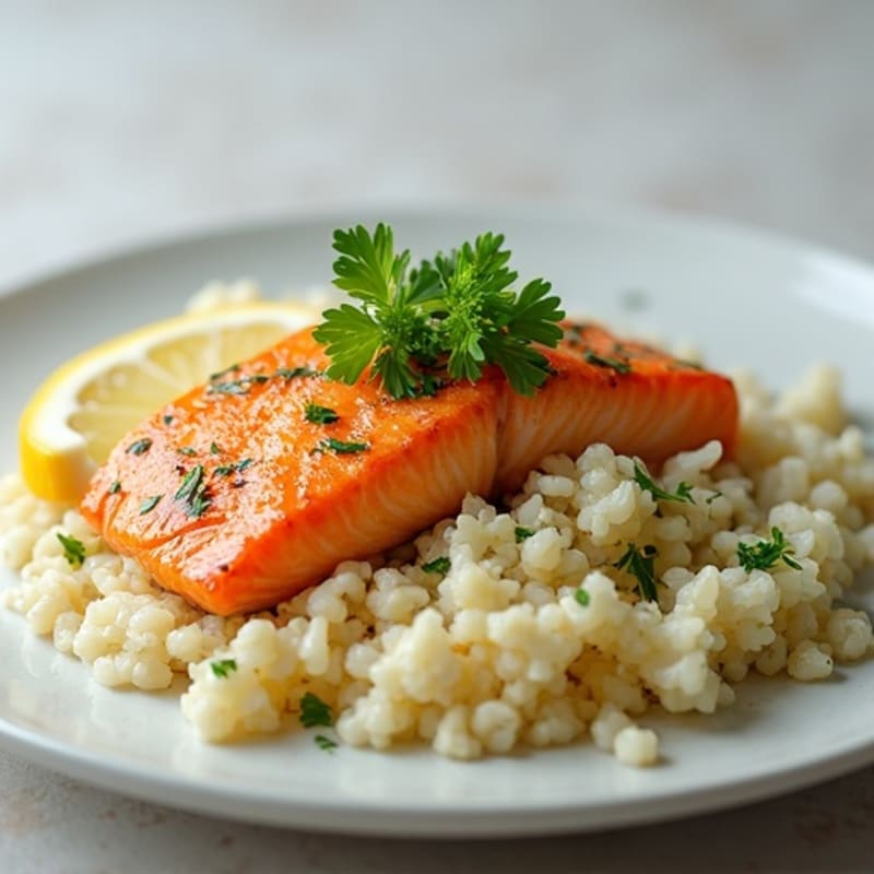 Creamy Garlic Butter Pan-Seared Salmon with Cauliflower Rice