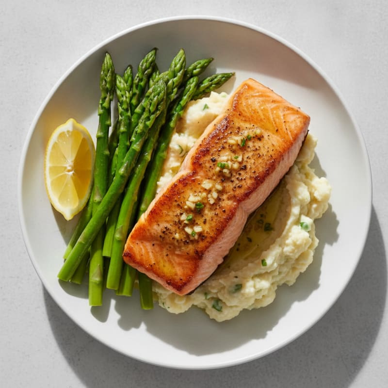 Seared Salmon with Steamed Asparagus and Cauliflower Mash