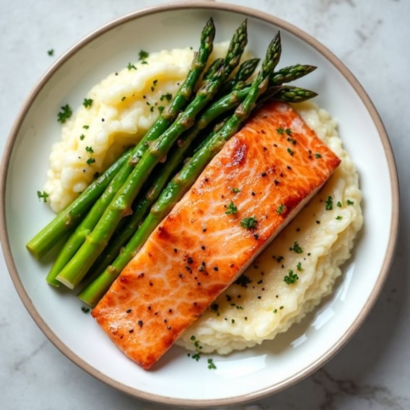 Seared Salmon with Steamed Asparagus and Cauliflower Mash