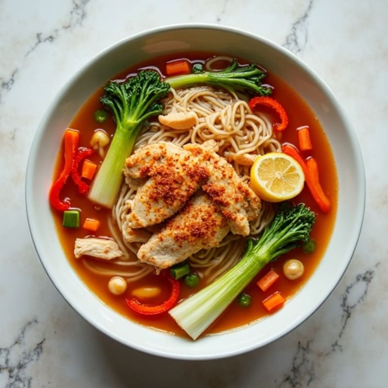 Spicy Sriracha Chicken and Fresh Vegetable Noodle Soup