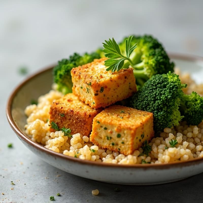 Crispy Lemon-Herb Baked Tofu with Roasted Broccoli and Quinoa