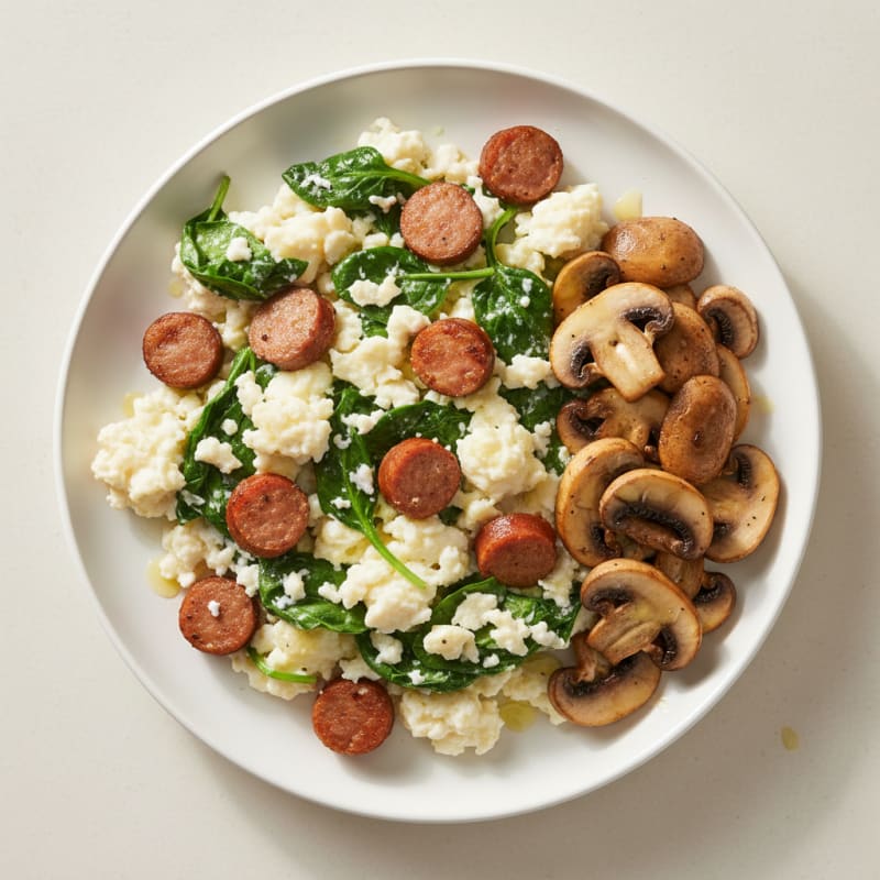 Egg White Spinach Scramble with Turkey Sausage and Sautéed Mushrooms