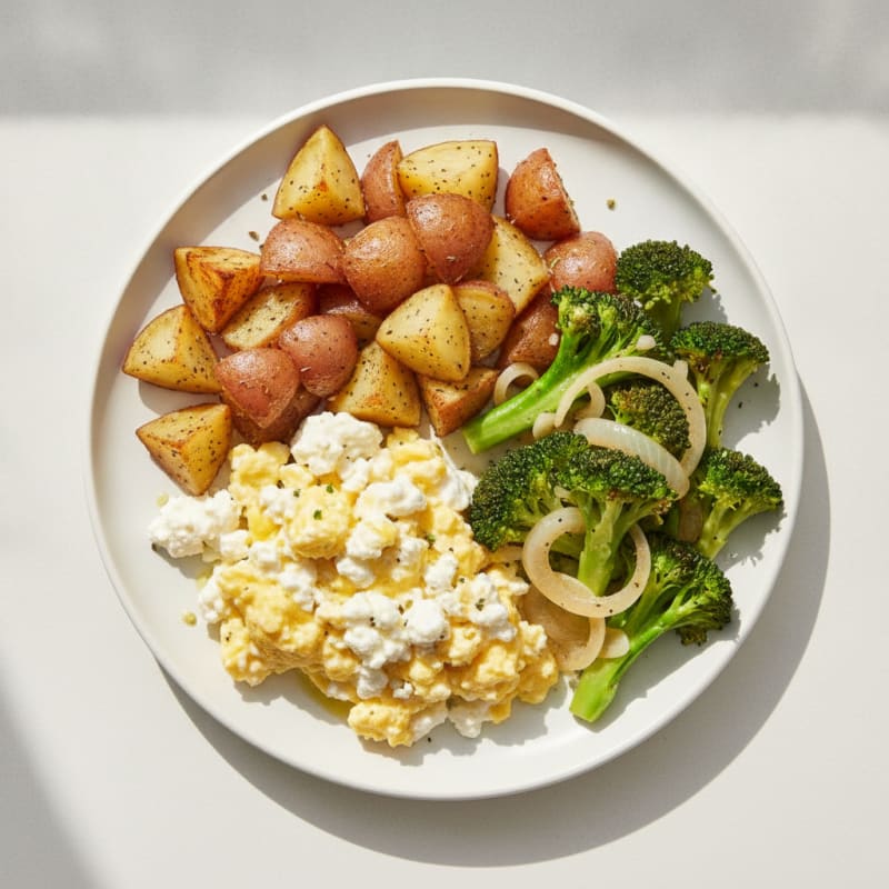 Egg and Cottage Cheese Scramble with Roasted Potatoes and Sautéed Broccoli