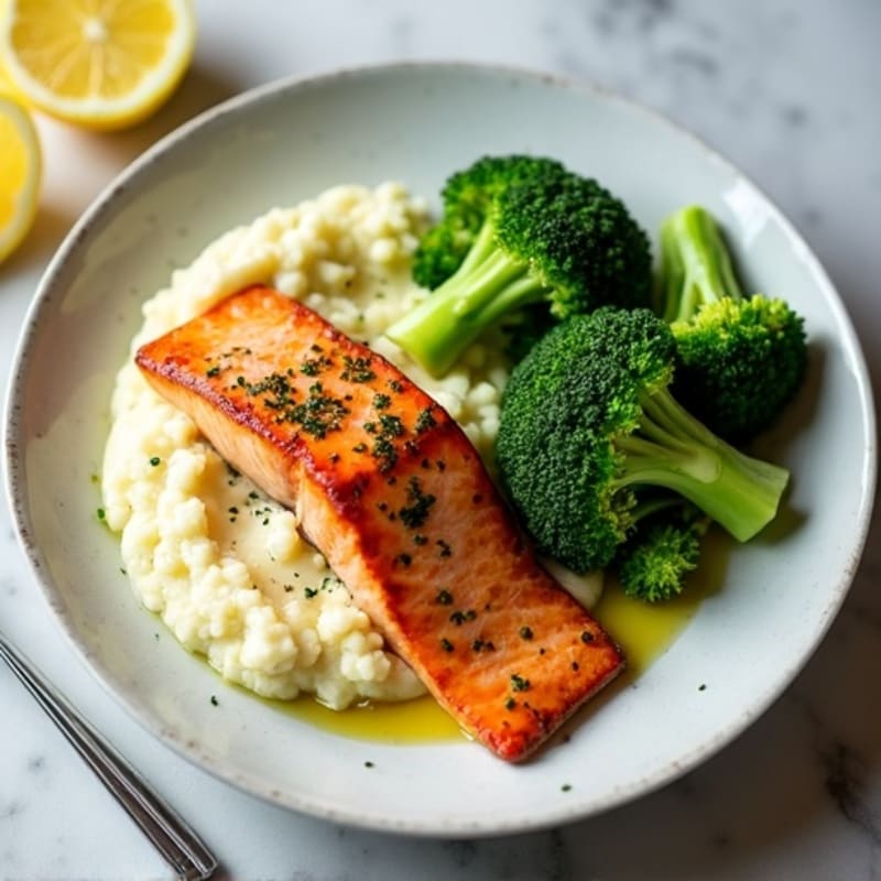Seared Salmon with Steamed Broccoli and Cauliflower Mash