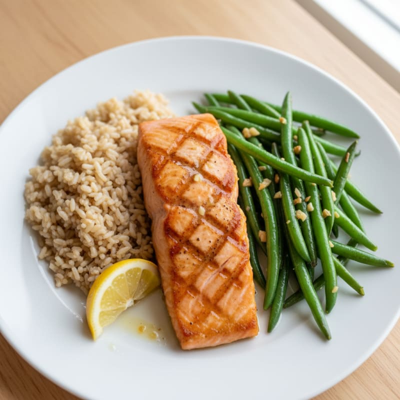 Seared Salmon with Garlic Green Beans and Brown Rice