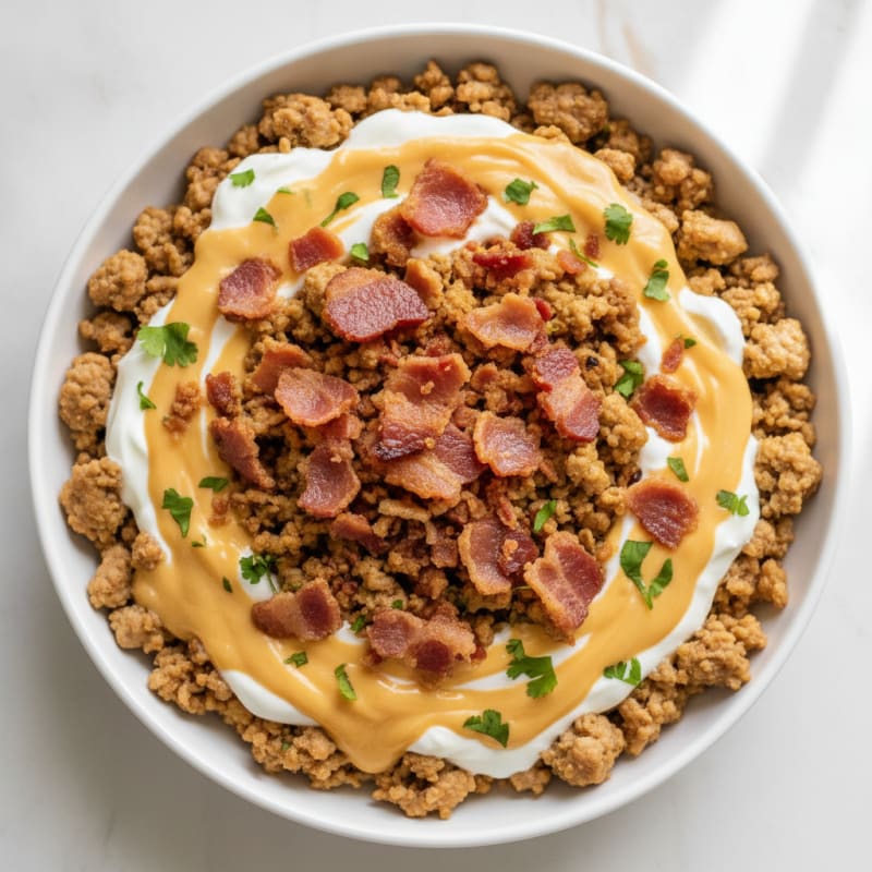 Creamy Queso Protein Bowl with Greek Yogurt and Crumbled Bacon