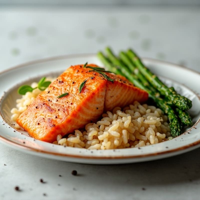 Seared Salmon with Steamed Asparagus and Brown Rice